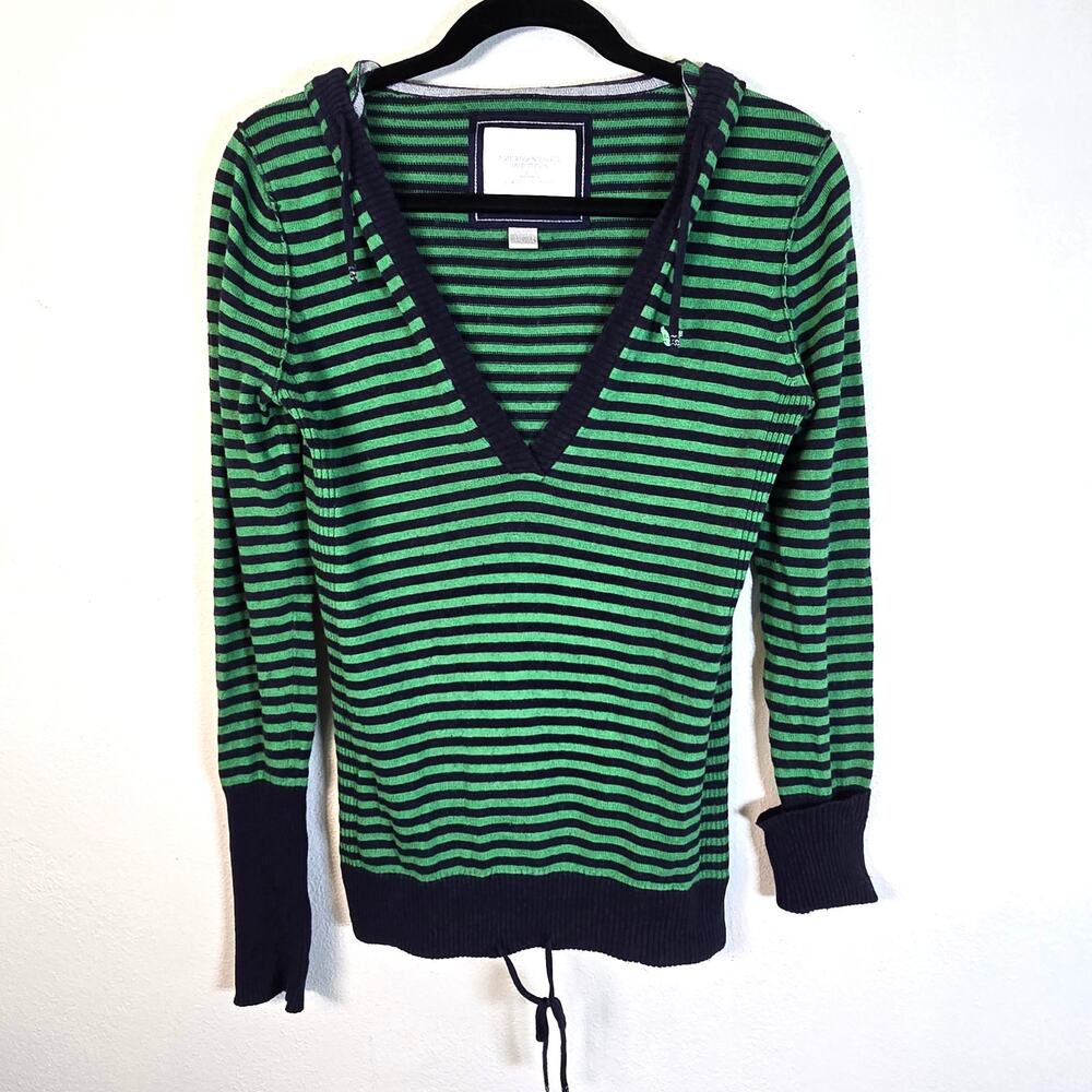 American Eagle Y2K Hoodie Women's M Green Blue Stripe Long Line Preppy Gilmore